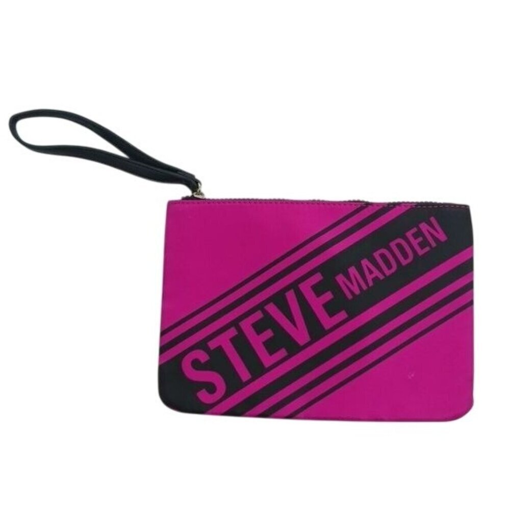 Steve Madden Pink Black Logo Wristlet Clutch Bag Zipper Pouch Travel Purse